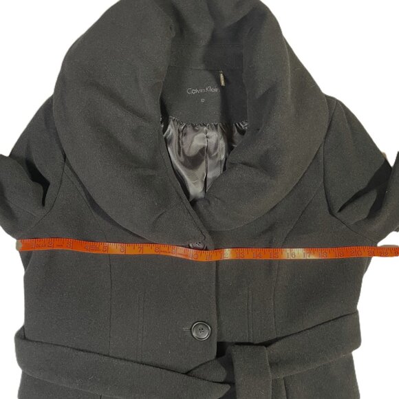 Calvin Klein Wool Blend Belted Tailored Black Coat Collared Knee Length Size 12 - Picture 6 of 16